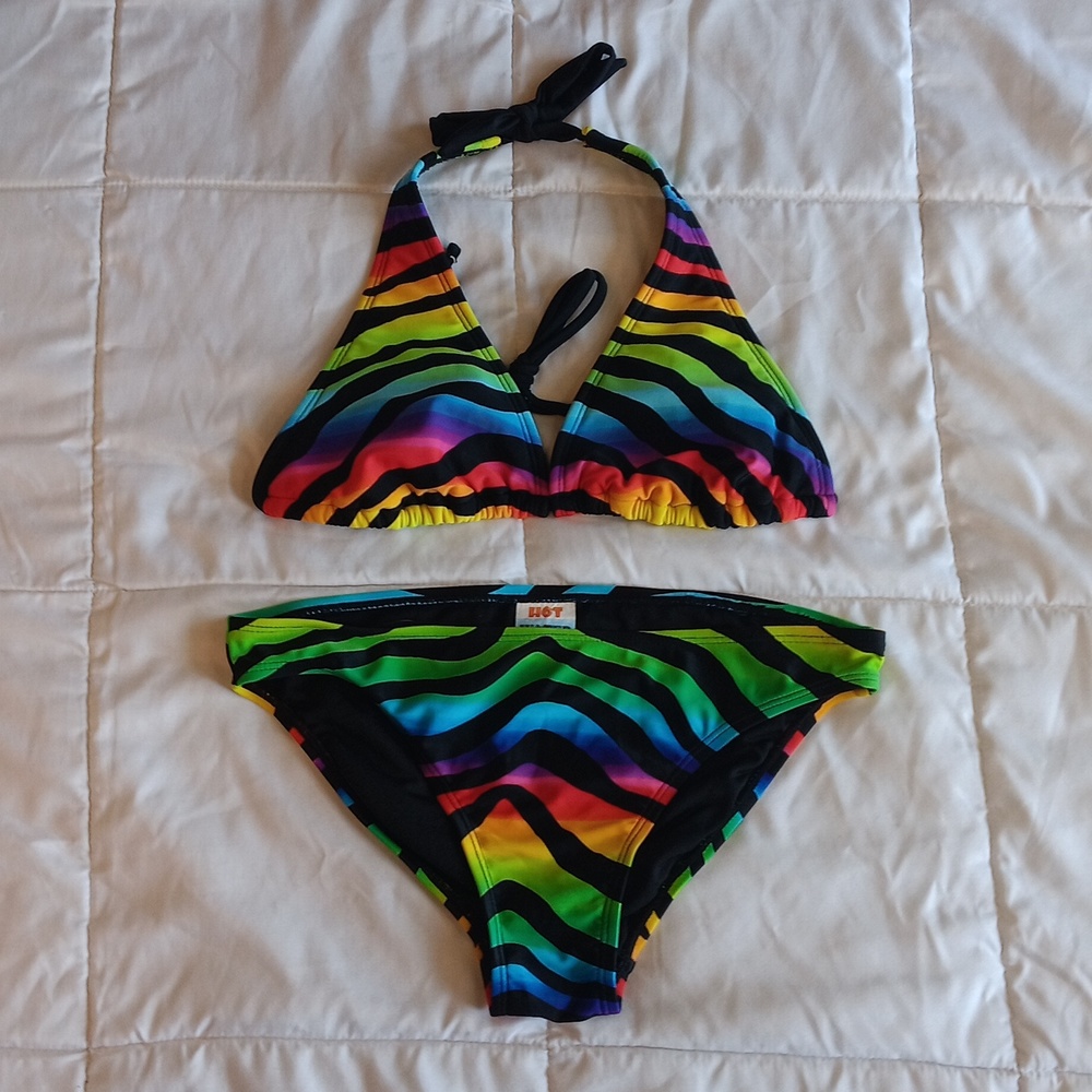Hot Water Two Piece Swimsuit - Rainbow Colored - Size Medium Top / Small Bottom